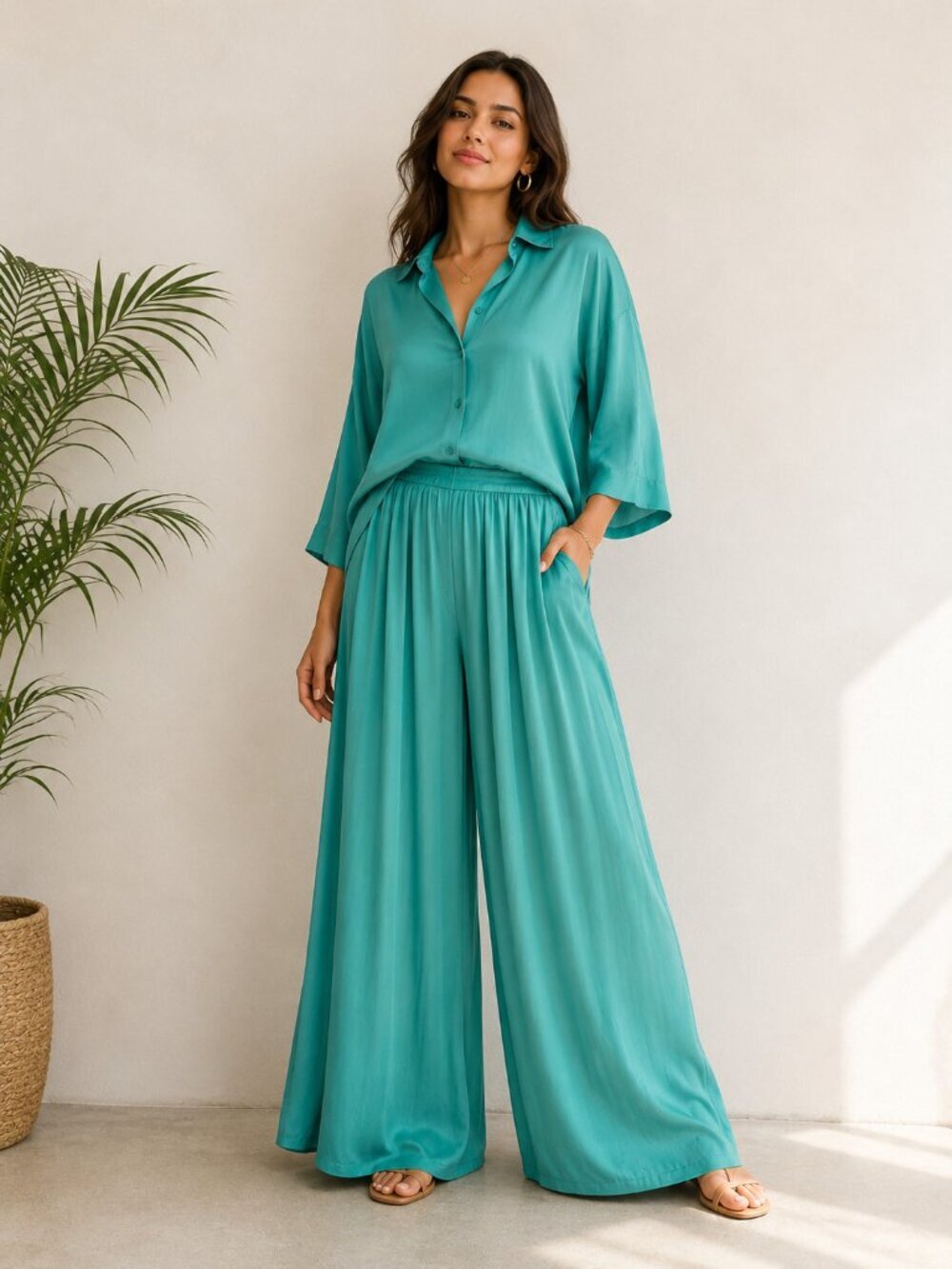 Vintage Ms Emma Designs Silk Palazzo Pants + Top Set Teal XS